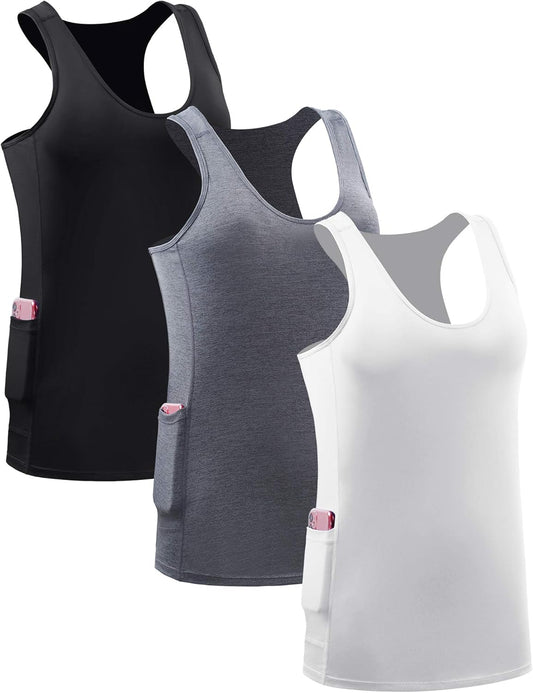 Women'S Running Tank Tops 3 Pack Racerback Workout Yoga Shirts with Pockets,8069,Black/Grey/White,Xl